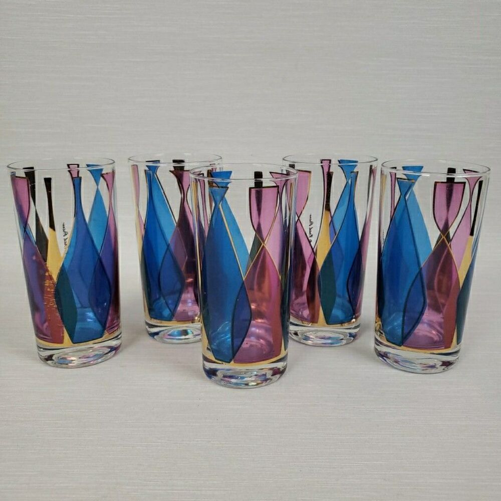VTG Rare Fred Press 5 Highball Drinking Glasses Blue Pink Gold Pattern MCM Bar